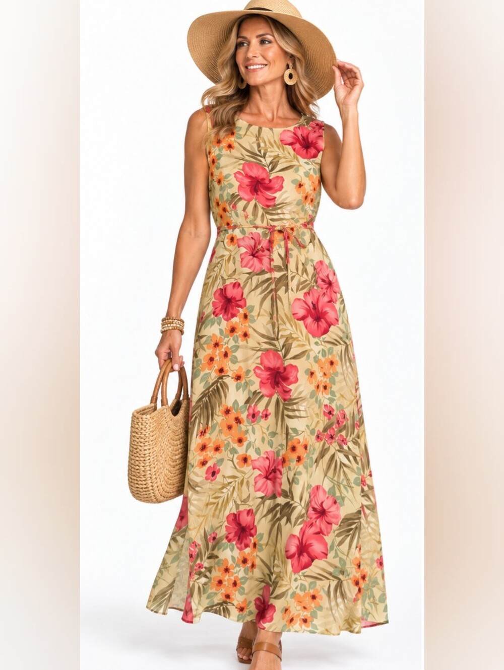 Coldwater Creek 100% Silk Tropical Floral Maxi Dress Hibiscus Resort Boho